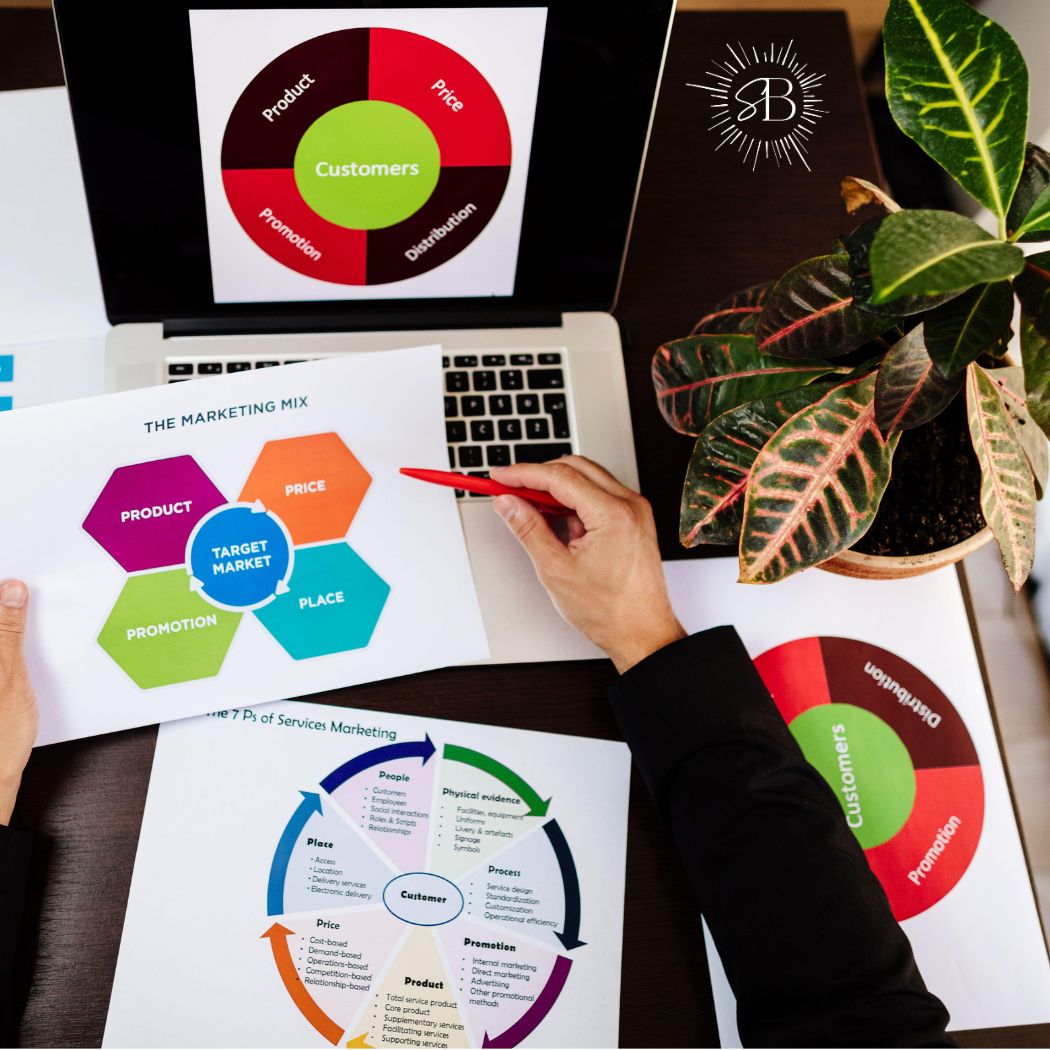 Laptop with printed marketing diagrams