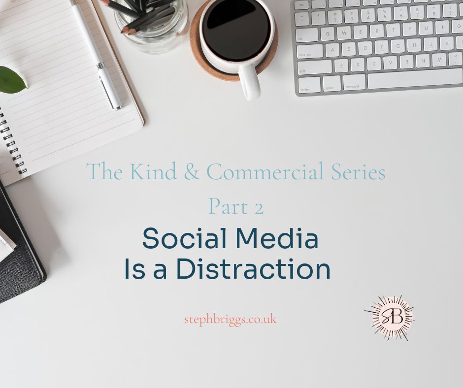 Social Media is a Distraction - Keyboard and coffee with notepad and pen on white desk