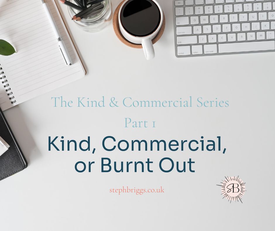 Kind & Commercial Series Part 1 title with keyboard, coffee, notepad and pen