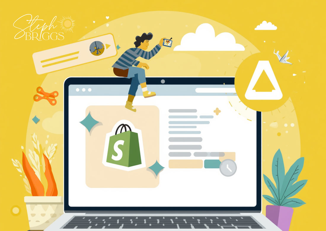 AI generated laptop with shopify logo and yellow background
