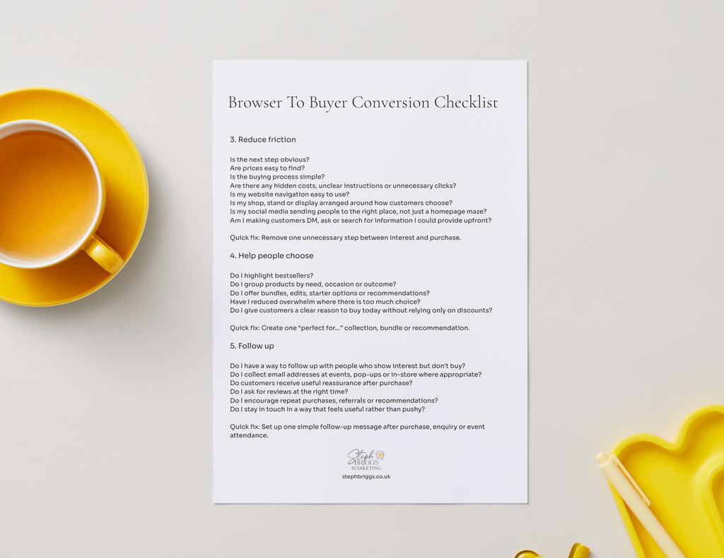 Browser to buyer retail checklist by Steph Briggs Marketing with yellow cup and pen
