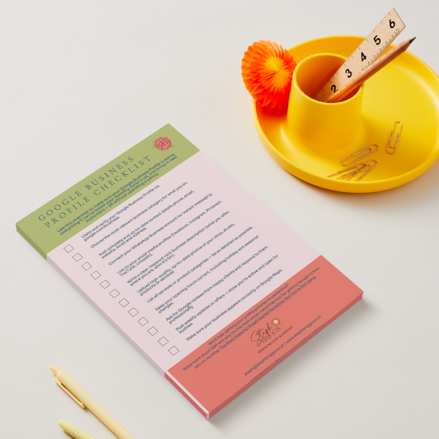 Google Business Profile Checklist wuith yellow pen pot