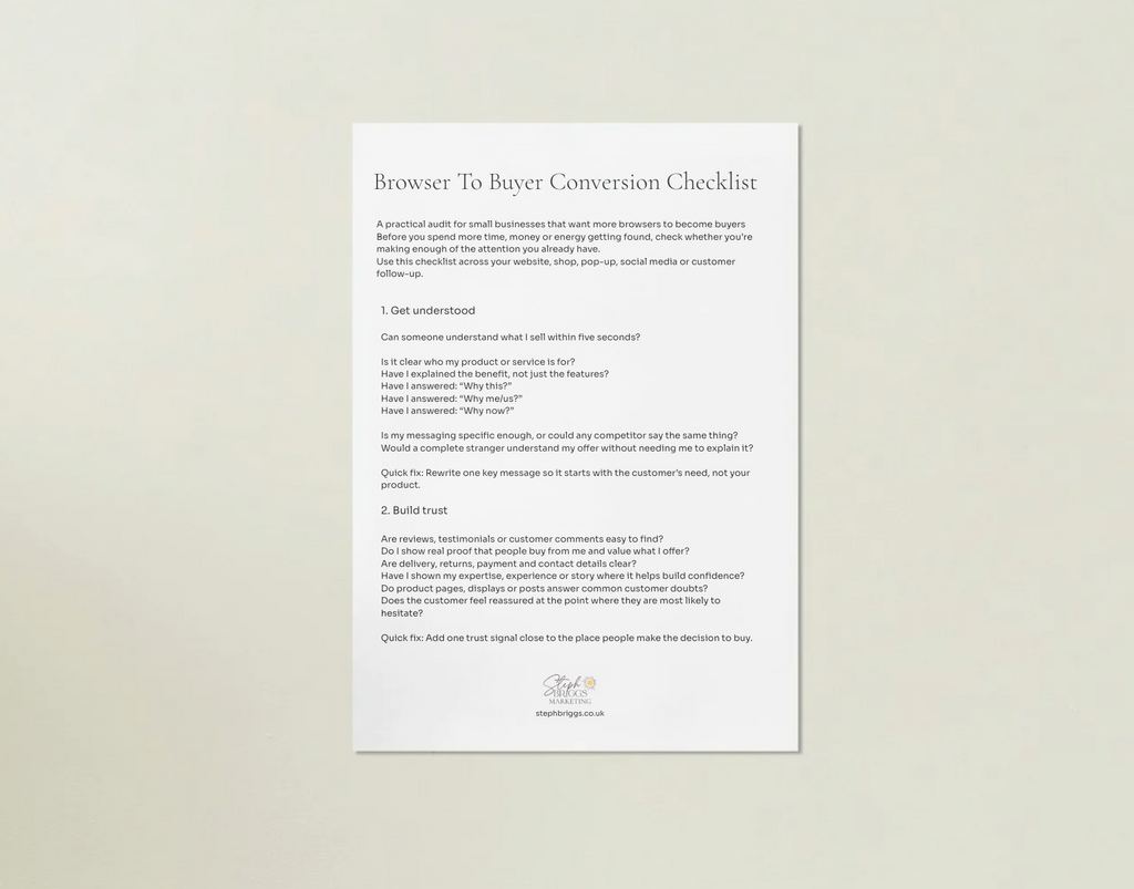 A single printed checklist sheet titled 'Browser To Buyer Conversion Checklist' centered on a light beige background with a soft shadow.