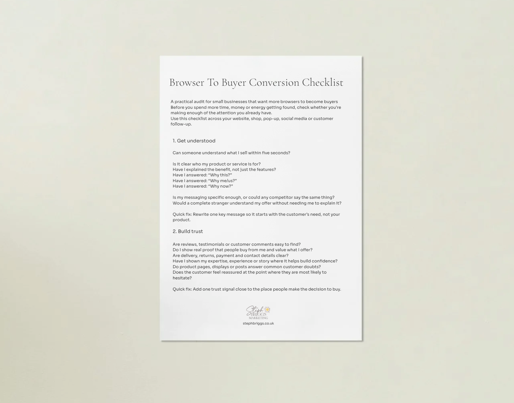 A single printed checklist sheet titled 'Browser To Buyer Conversion Checklist' centered on a light beige background with a soft shadow.