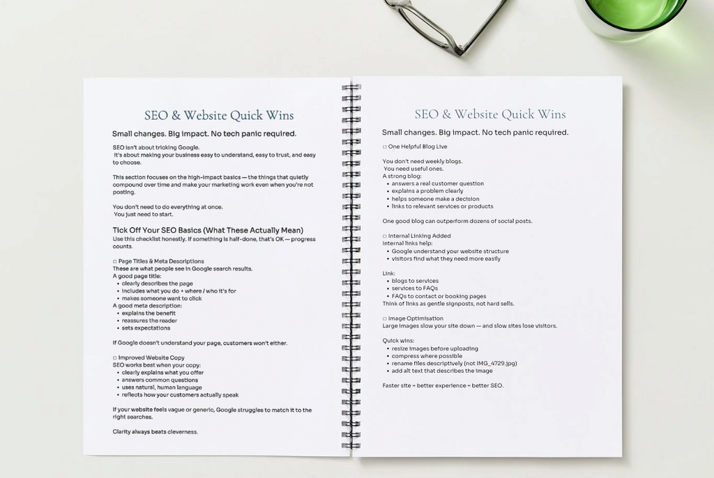 Open book on a white surface with text about SEO and website quick wins.