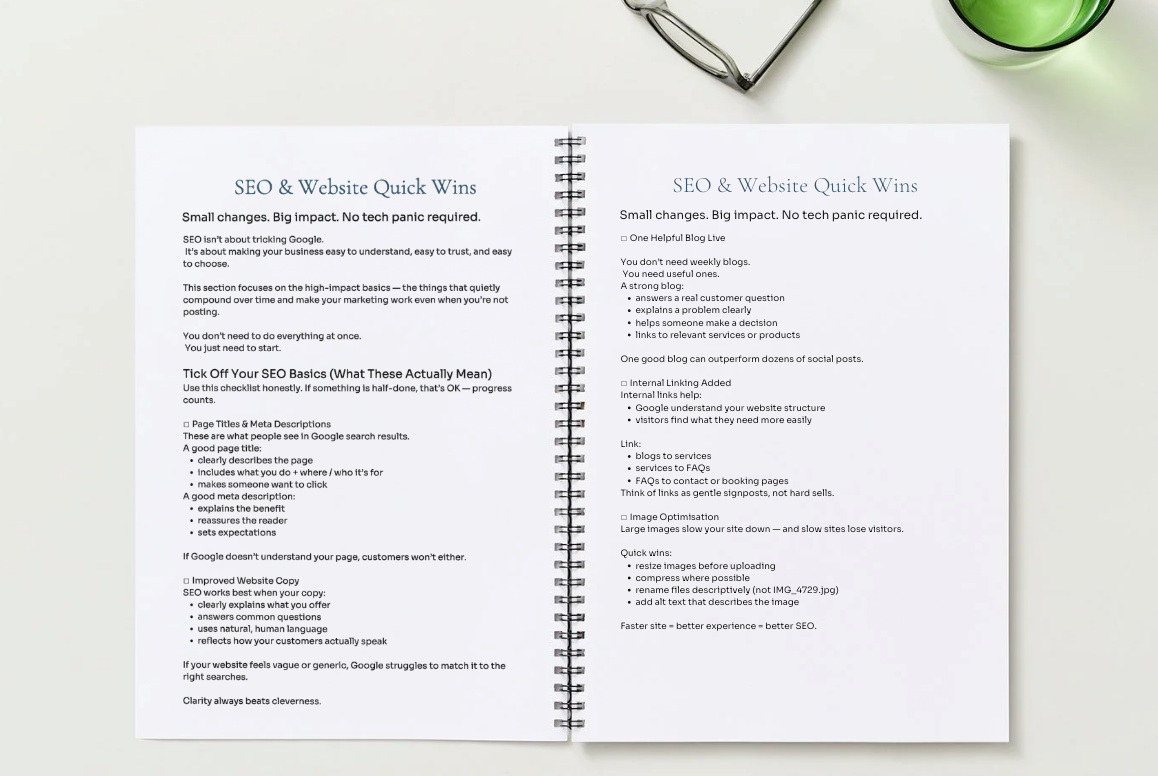 Open book on a white surface with text about SEO and website quick wins.