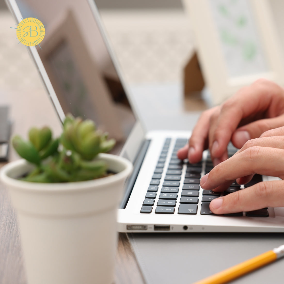 Person typing on a laptop with a potted plant and pencil in the foreground