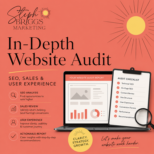 Promotional graphic for a website audit service by Steph Briggs Marketing, featuring a coral background with sun illustrations, large black headline text, and a laptop and tablet showing audit report screens alongside an audit checklist and magnifying glass.
