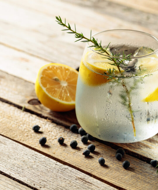 AI generated Gin & Tonic with herbs and lemon on wooden table